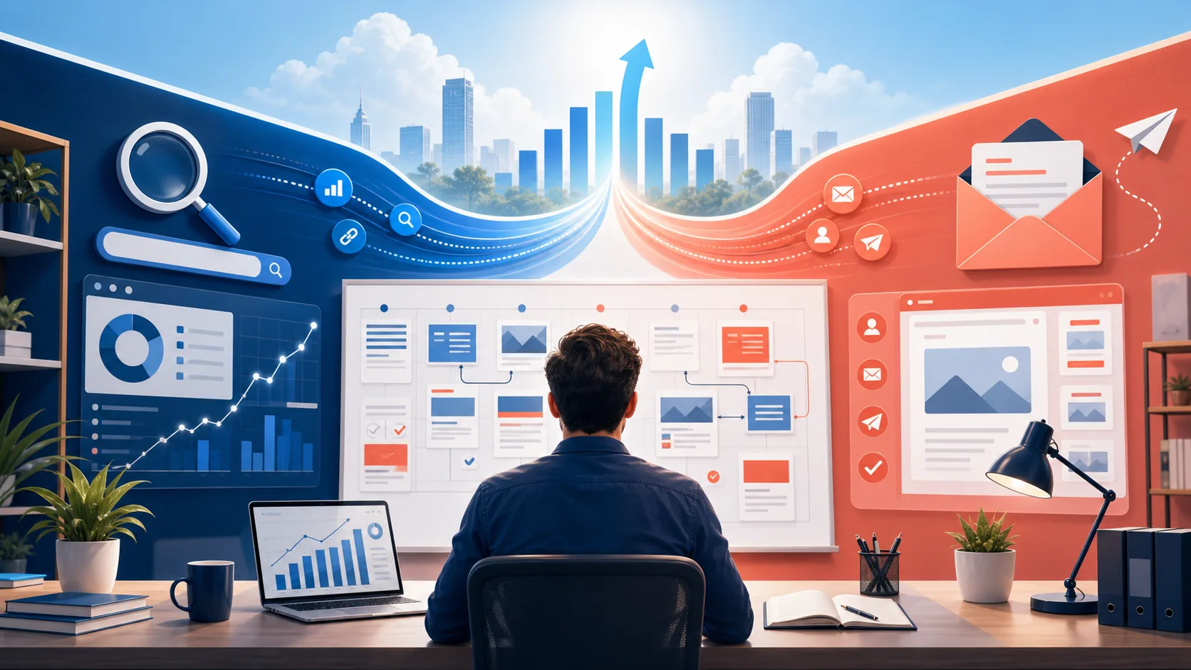 SEO and email marketing channels converging into one coordinated growth campaign