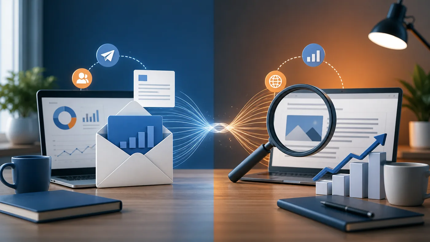 Email marketing and SEO analytics shown as complementary digital growth channels