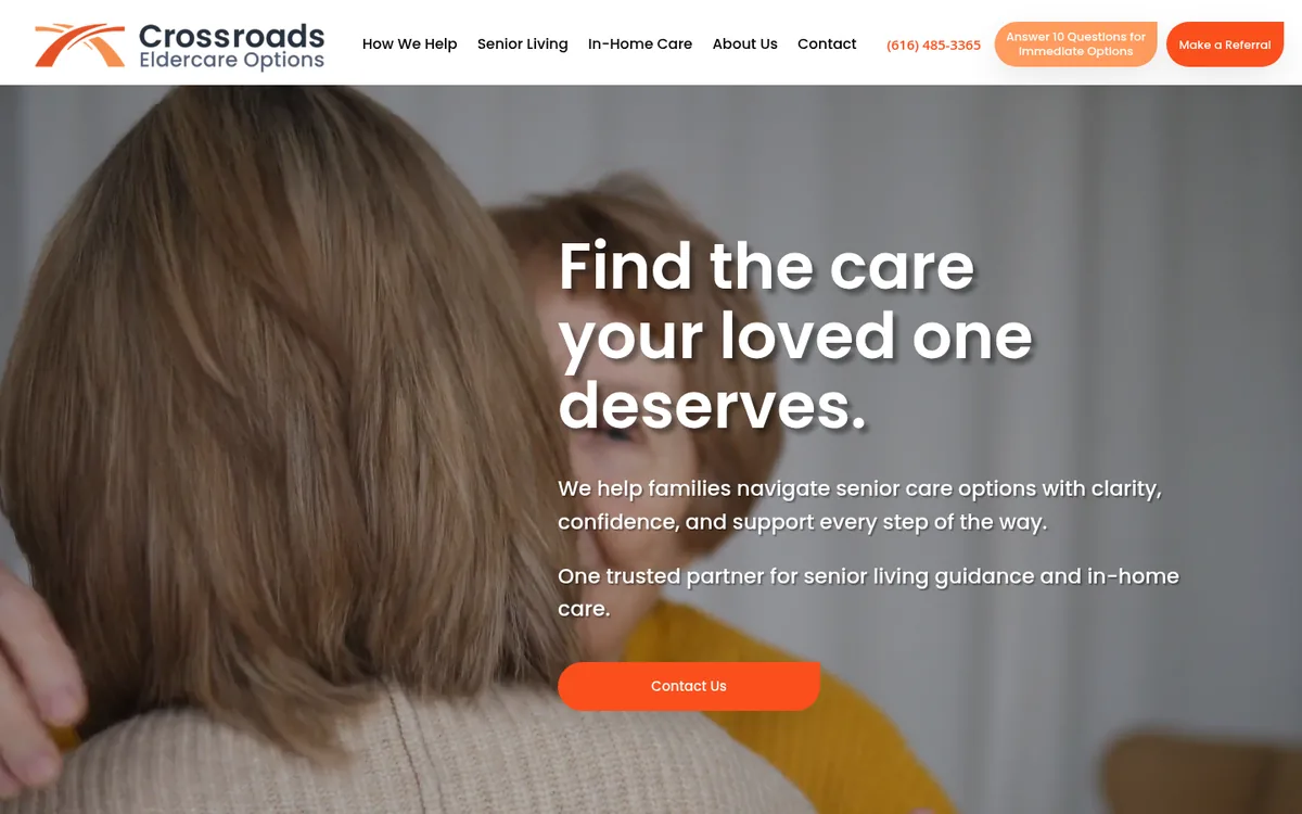 Crossroads Eldercare Options website homepage designed by One With Digital
